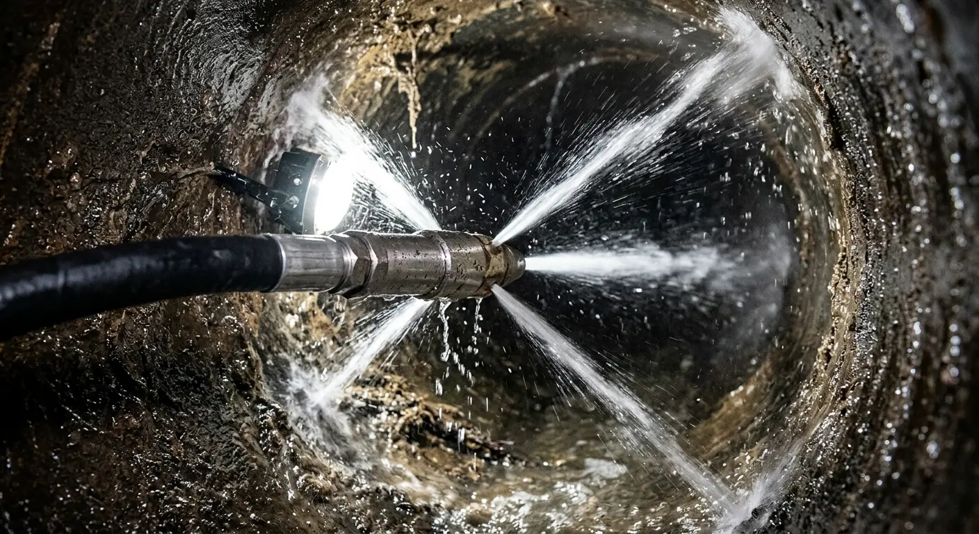 High-pressure hydro jetting nozzle cleaning sewer pipe for Emergency Drain Service in Milwaukie