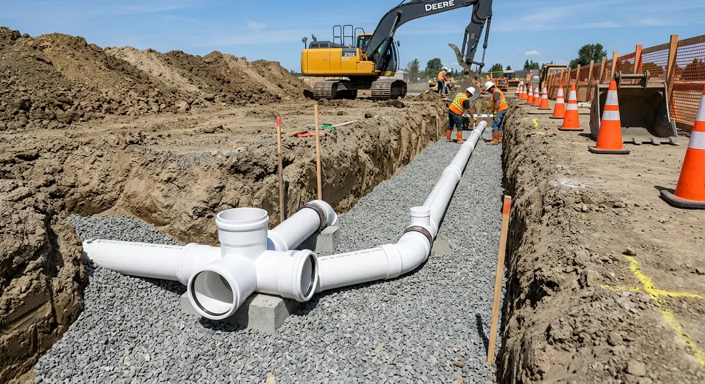 New PVC sewer pipe installation in open trench for Sewer Backup in Milwaukie