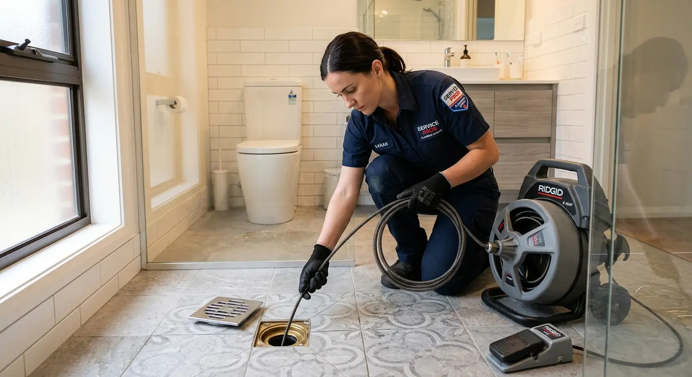 Technician clearing a bathroom floor drain for Hydro Jetting in Milwaukie